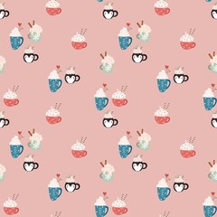 Seamless vector pattern with funny cups and mugs of hot winter drinks with whipped cream. Cute hand drawn Christmas background for packaging, wrapping paper, textile, print, fabric, wallpaper, card.