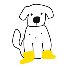 Outline icon. Dog wearing rubber yellow rain boots. Illustration on white background.
