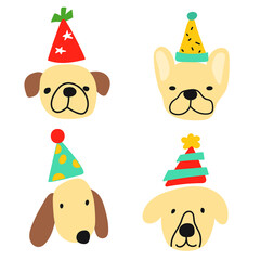 Collection of dogs faces wearing celebrating hats. Vector hand drawn illustration on white background. 