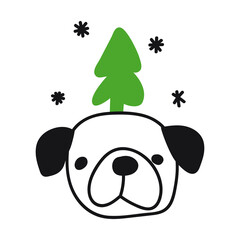 Funny Pug's face with Christmas tree on top. Vector outline icon illustration on white background.