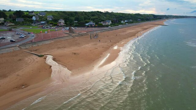 Standing aerial shot of the famous Omaha beach, World War II D-Day area.