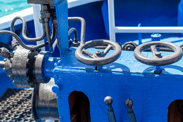Fototapeta premium On deck of small marine passenger vessel. Power equipment of small marine passenger vessel