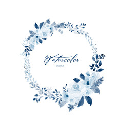 Watercolor wreath of blue flower and leaves hand-painted
