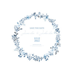 Watercolor wreath of blue flower and leaves