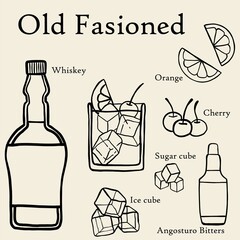 doodle freehand sketch drawing of old fasioned cocktail recipe.