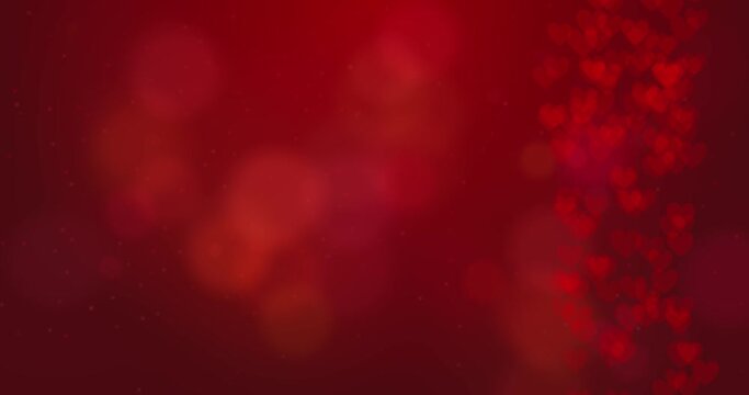 Border of romantic glittering flying hearts on red background. Valentines day concept. Empty space for text