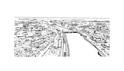 Building view with landmark of Liepaja is the 
city in Latvia. Hand drawn sketch illustration in vector.