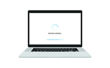 Fototapeta premium Computer laptop repair or Installing software system development concept. Data system update or synchronize with bar process with loading process in laptop screen isolated on white background.