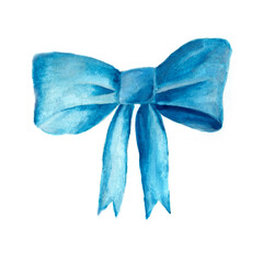 realistic blue bow in watercolor for decor, beautiful bow for gift