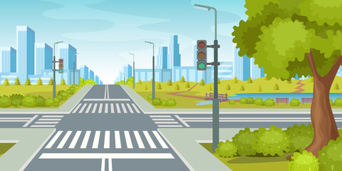 City road with crossroads traffic lights. Urban landscape with empty urban street traffic road, sidewalk, crosswalk,