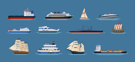 Water transport set. Modern and retro ship vehicle sea ocean floating. Boat transportation