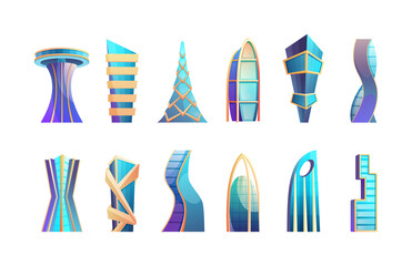 Futuristic multi story building set. Future city glass architecture skyscrapers downtown cyberpunk