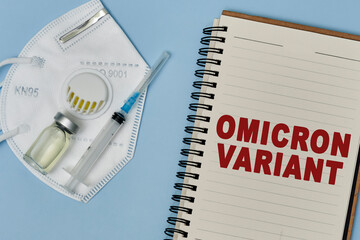 New omicron variant of Covid-19 text on notepad. Workspace or working desktop of doctor, frontliner...
