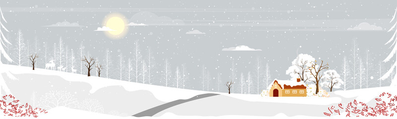 Winter landscape with snowing covring,Vector illustration  wonderland farm house in village with forest pine tree and branches without leaves.Horizontal banner for Christmas holiday or New year 2022