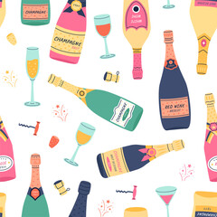 Seamless print with doodle red and white sparkling wine bottles with full glasses. Vector texture with cartoon alcohol drink graphic