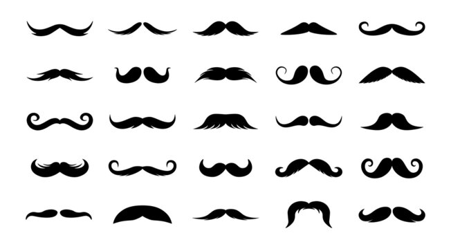 Isolated moustaches. Black cartoon silhouette of adult man mouth facial hair style, barbershop moustache shaving templates. Vector funny set
