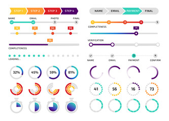 Round loader and progress bar kit, app screen interface download graphic element, time tracker widget. Vector smartphone infographic set