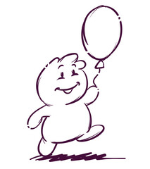 Funny happy smiling character walking with air balloon for birthday holiday. Draft sketch outline greeting card hand drawn. Eps10 vector illustration.