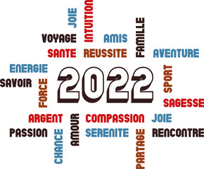 Fototapeta premium Voeux colorés, nouvelle année 2022, bonnes résolutions, souhaits, couleurs, réussite, santé, famille, rencontre, voyage, force, argent, réussite, amis, illustration, vecteurs, ressources graphiques