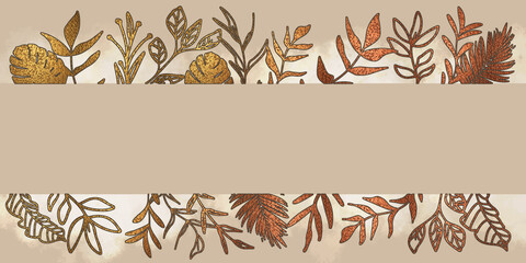 Watercolor background in brown tones with light effects. Plants and grasses with bronze and gold colored gradients decorate this banner. Lots of space for your own design.
