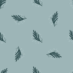 Fototapeta na wymiar Seamless pattern fir twig on light blue background. Vector geometric template in doodle style. Christmas forest texture.