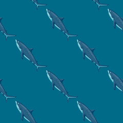 Seamless pattern Tiger shark teal background. Textured of marine fish for any purpose.