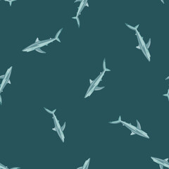 Seamless pattern Blue shark on teal background. Texture of marine fish for any purpose.