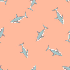 Seamless pattern shark on pink background. Texture of gray marine fish for any purpose.