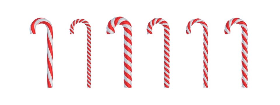 Candy canes isolated on white background, Christmas traditional striped pattern. 3d illustration