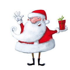 Santa Claus with present box, holiday illustration, watercolor style clipart with cartoon character
