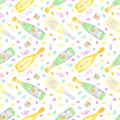 Seamless pattern champagne, glasses and festive accessories watercolor. Background sparkler, confetti, print. Perfect for New Year, Wedding, Bachelorette Party, Anniversary, Birthday.