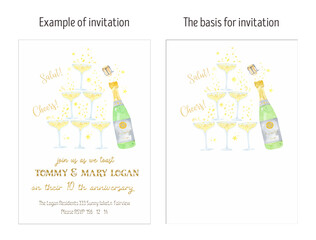 Champagne Glass Tower watercolor and wine party invitation card, layout. Fun, festive, celebration, party. Perfect for New Year, Wedding, Bachelorette Party, Anniversary, Birthday.