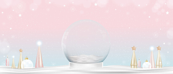 Studio room with Magic Glass snow globe with gold conical tree on snow on pink background. Xmas Snowball 3d design with copy space for Winter holiday,Happy New Year and Merry Christmas greeting card