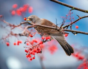 Thrush eats rowan berries