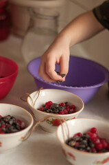 preparation of berries and seeds for bird feeders in winter; in vertical format