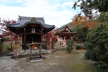 Obraz premium Benzaiten Subordinate Shrine and autumnal leaves in the precincts of Manjyu-in Temple in Kyoto City in Japan 日本の京都市にある曼殊院の摂社弁天堂神社と紅葉