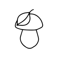 Little Mushroom with fallen leaf simple cute vector doodle autumn illustration in cartoon style, one line, black color isolated on white background, element for design.