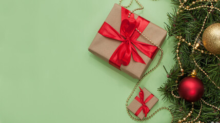 gifts of different sizes with red ribbons on a green background with Christmas decor