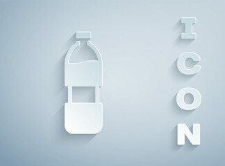 Paper cut Bottle of water icon isolated on grey background. Soda aqua drink sign. Paper art style. Vector