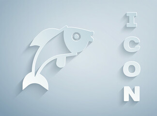 Obraz premium Paper cut Fish icon isolated on grey background. Paper art style. Vector