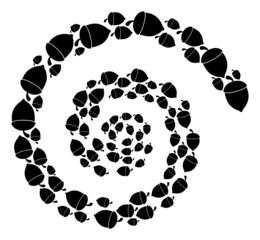 Oak acorn icon spiral mosaic. Oak acorn signs are united into spiral vector illustration. Abstract twirl is done from random oak acorn items.