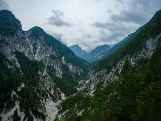 Fototapeta na wymiar Misty alpine mountain view panorama in Slovenia