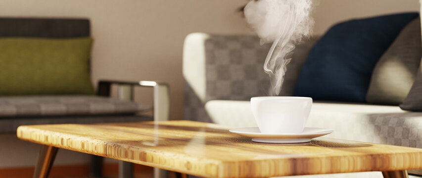 3D render of coffee cup with smoke on house or office blur background.
