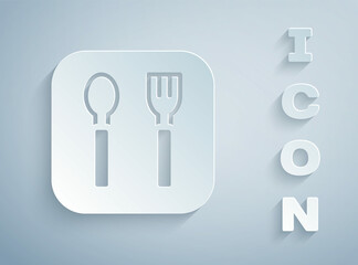 Fototapeta premium Paper cut Fork and spoon icon isolated on grey background. Cooking utensil. Cutlery sign. Paper art style. Vector