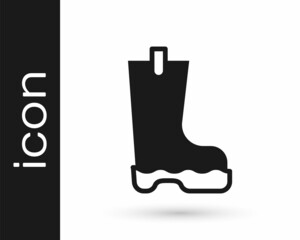 Black Waterproof rubber boot icon isolated on white background. Gumboots for rainy weather, fishing, gardening. Vector