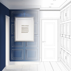 A sketch becomes a real dark classic hall with a vertical illuminated poster on a blue wall panel between the doorway and a  door, a wardrobe, white parquet flooring, built-in spotlights. 3d render