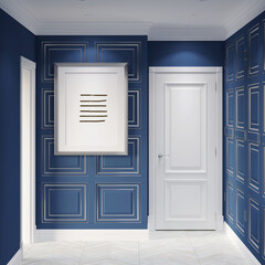 Dark classic hall with a vertical illuminated poster on a blue wall panel between the doorway and a white door, a blue wardrobe, white parquet flooring, built-in spotlights. Front view. 3d render