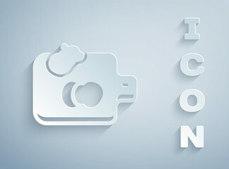 Paper cut Cutting board with vegetables icon isolated on grey background. Chopping Board symbol. Paper art style. Vector