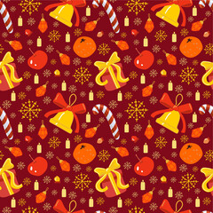 New Year burgundy pattern with fruits, gifts and decorations. Christmas pattern in cartoon style. Vector illustration modern design for print and web.