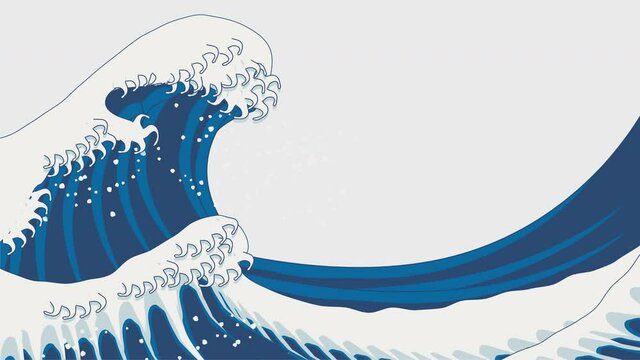 葛飾北斎が描くような海の波のアニメーション(4k解像度:背景透過)